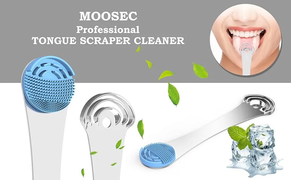 Professional Tongue Scraper Cleaner for Reducing Bad Breath Stainless Steel Tongue Cleaner with 2 Replaceable Tongue Brush - MOOSEC tongue scraper