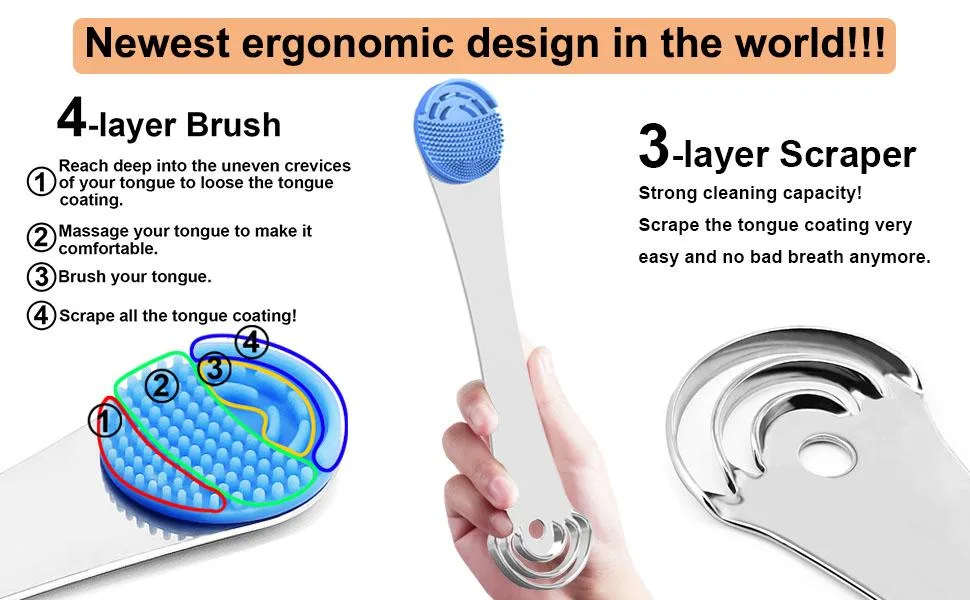 Professional Tongue Scraper Cleaner for Reducing Bad Breath Stainless Steel Tongue Cleaner with 2 Replaceable Tongue Brush - Newest Design!!!