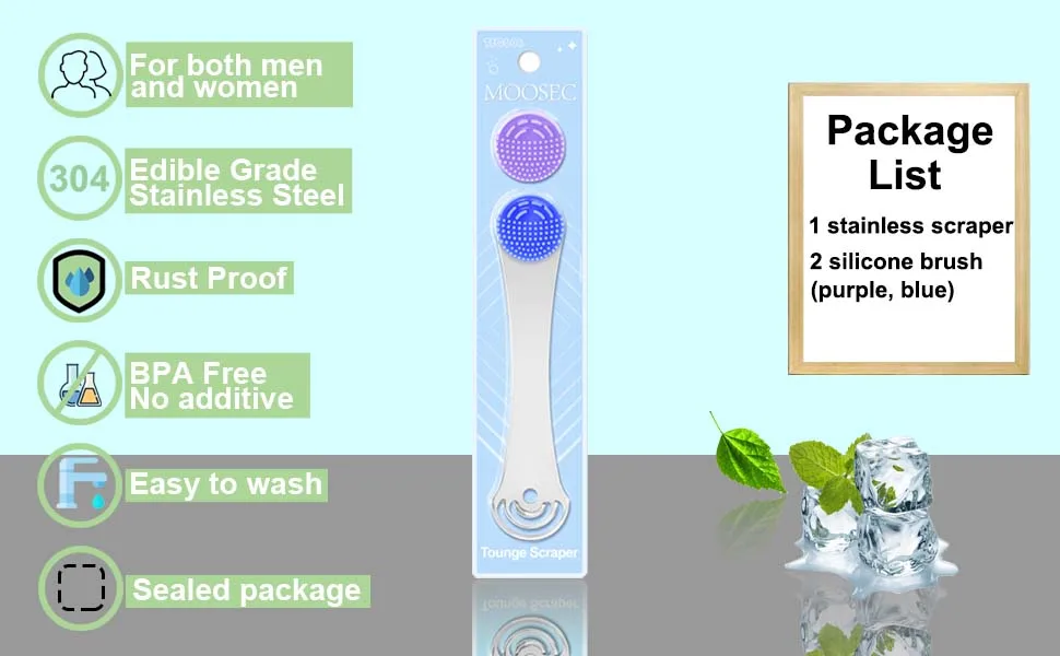 Professional Tongue Scraper Cleaner for Reducing Bad Breath Stainless Steel Tongue Cleaner with 2 Replaceable Tongue Brush - package list