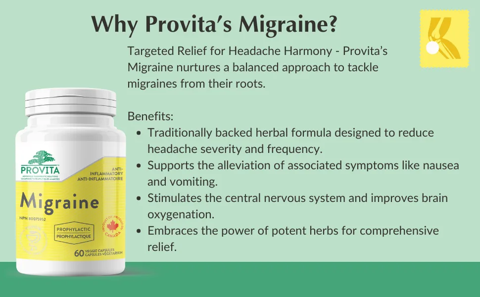 Provita Migraine - Natural Herbal Solution for Headaches Prevent & Reduce Severity of Migraines (60 Capsules) - product information 3