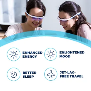 AYO: Sleep Better Beat Jet lag and Boost Your Energy! Premium Light Therapy Glasses Completely Controlled by The goAYO App. - Four benefits
