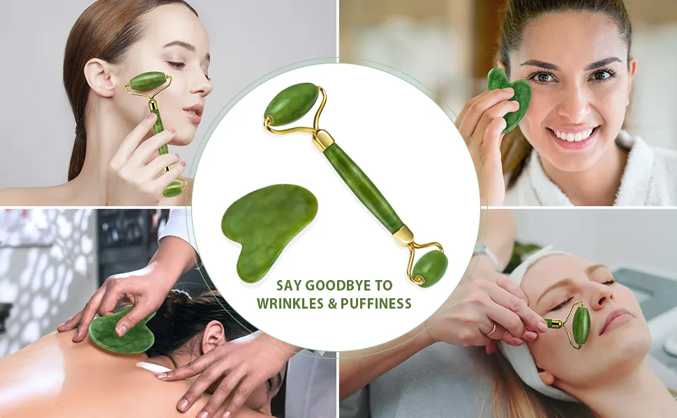 Jade Roller and Gua Sha Face Roller Facial Beauty Roller Skin Care Tools Jade Roller for Face Facial Roller - Jade roller and guasha