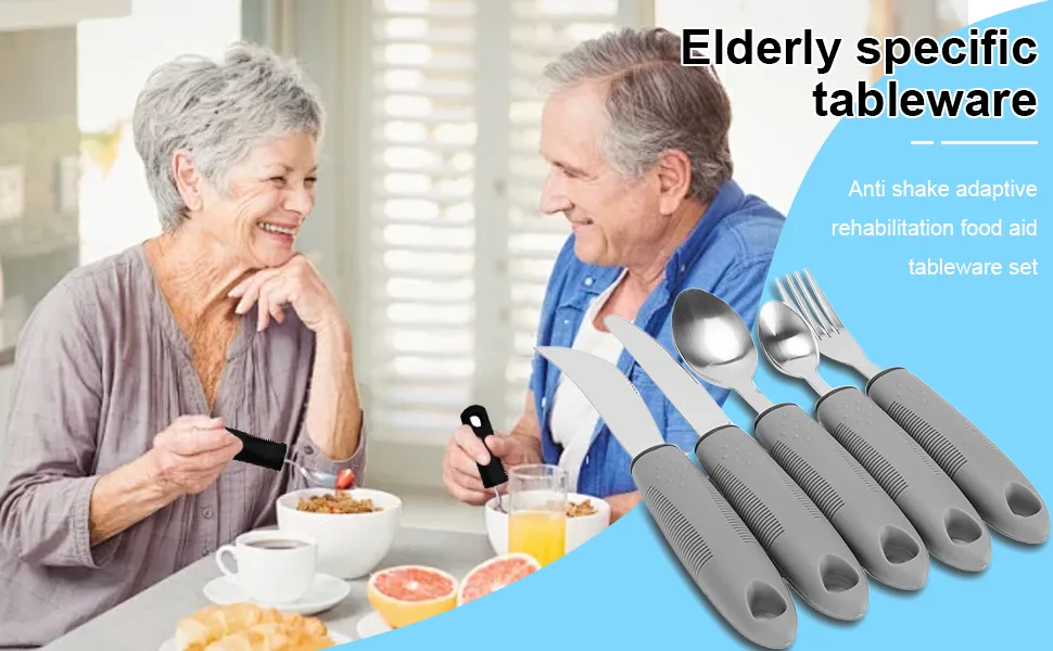 Adaptive Utensils (5-Pieces) Adaptive Utensils for Elderly Arthritis Parkinsons and Handicapped Stainless Steel and Dishwasher Safe - Grey - adaptive utensils