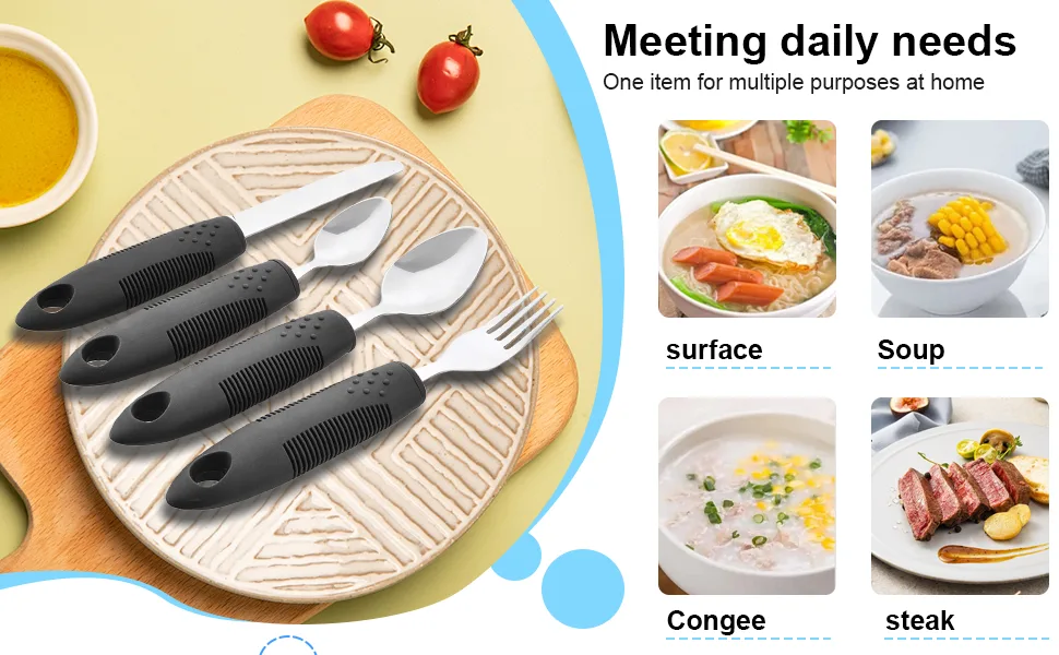 Adaptive Utensils (5-Pieces) Adaptive Utensils for Elderly Arthritis Parkinsons and Handicapped Stainless Steel and Dishwasher Safe - Grey - adaptive utensils