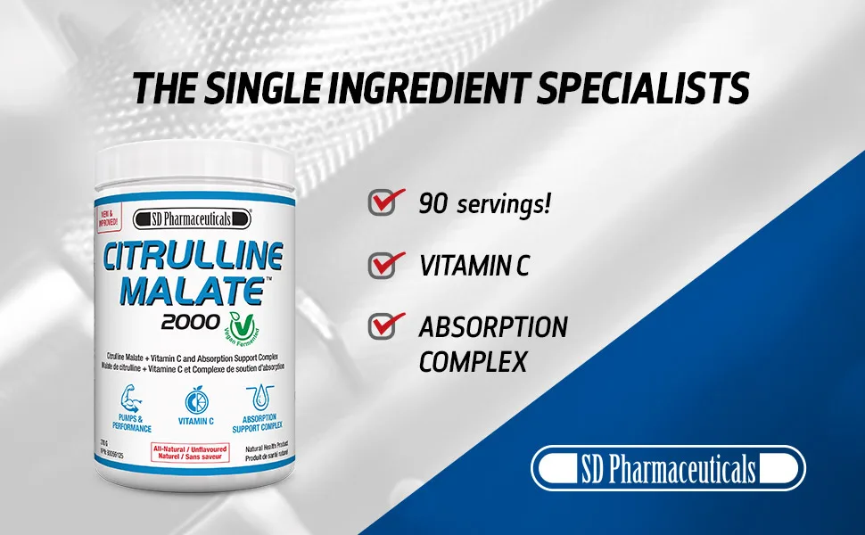 SD Pharmaceuticals Citrulline Malate 2000 (270 g) | Pure Vegan Fermented L-Citrulline Malate - Citrulline Malate Vegan Fermented Vitamin C Absorption Complex