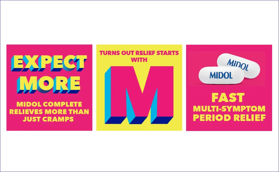 Midol Complete Pain Reliever Fast Multi-Symptom Period pain relief from Cramps Headache Backaches and Bloating (40 Caplets) - Expect more with Midol