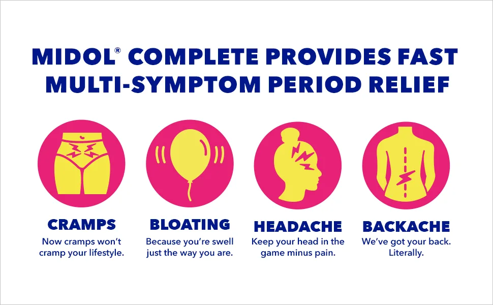 Midol Complete Pain Reliever Fast Multi-Symptom Period pain relief from Cramps Headache Backaches and Bloating (40 Caplets) - multi-symptom period relief