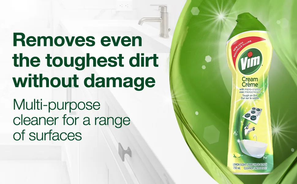 Vim PureBoost Multi-purpose Cream Cleaner tough on dirt Lemon Scent surface cleaner with 100% naturally derived cleaning particles 250 ml - vim, vimcleaner