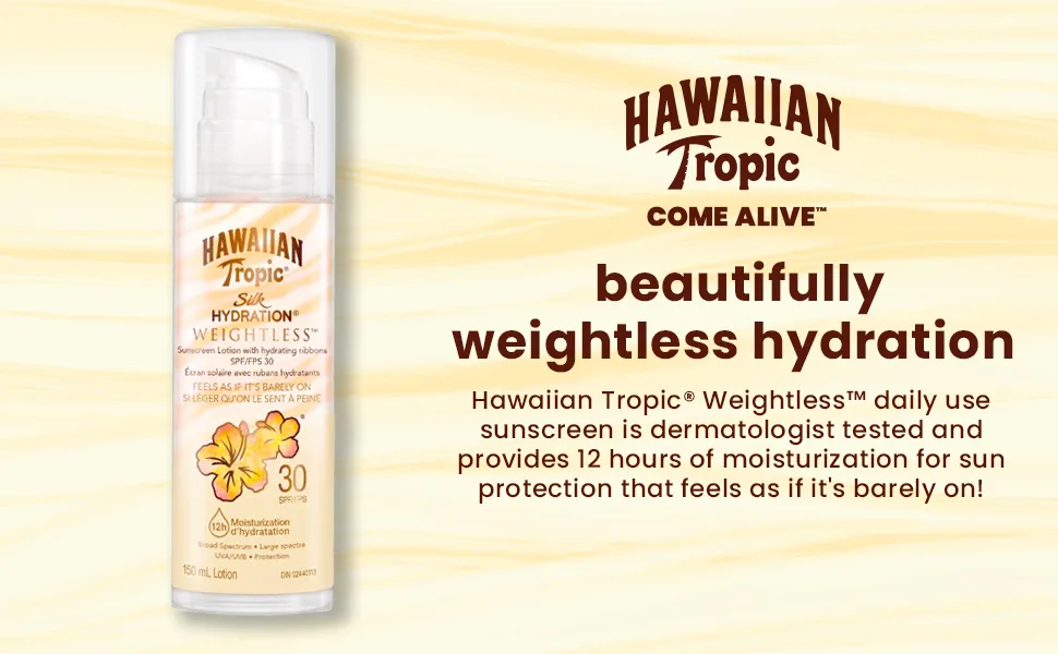 Hawaiian Tropic Silk Hydration Weightless Sunscreen Lotion with Air-Soft Texture SPF50 150 Milliliters - sunscreen tanning lotions