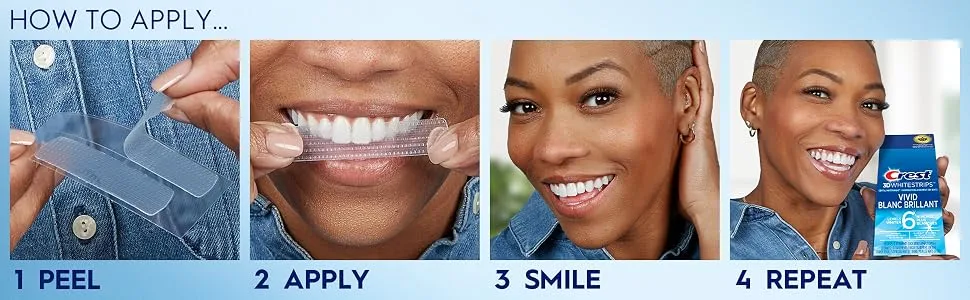Crest 3D White Teeth Whitening Kit Whitestrips Classic Vivid 10 Treatments 20 Individual Strips - How to apply Crest 3DWhitestrips. Woman applying step by step. Peel, Apply, Smile, Repeat.