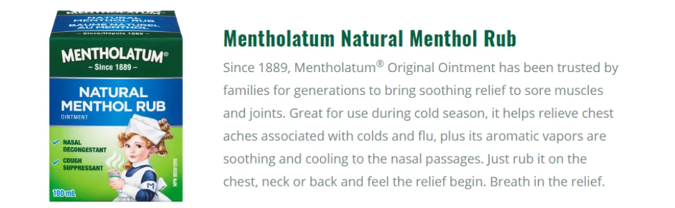 Mentholatum Natural Menthol Rub Ointment Vapourizing Rub Cough Suppressant & Nasal Decongestant 100ml - menthol rub