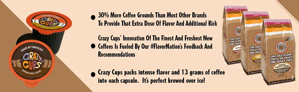Crazy Cups Flavored Decaf Variety Pack. Hot or Iced Coffee, Flavored Decaf Coffee for Keurig K Cups Machines, Decaffeinated Coffee in Recyclable Pods, 80 Count - coffee, flavored, decaf, recyclable, gluten chocolate, keurig, k-cups, cups, caffeine, flavor
