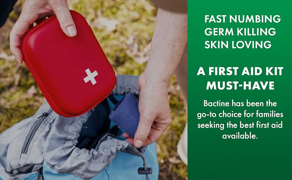 Bactine First Aid Spray for Pain Relief and Itch Relief Antiseptic Anesthetic and No Sting Formula 105 ml - First Aid Kit being put away into a backpack