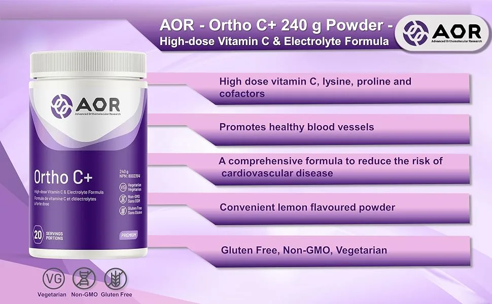 AOR Ortho C+ 240g Powder High-Potency Vitamin C Ascorbic Acid - Electrolyte Formula with Magnesium & Calcium Ascorbate Supports Skin & Blood Vessel Function Electrolyte Powder for Everyday Wellness - B00J387P5S