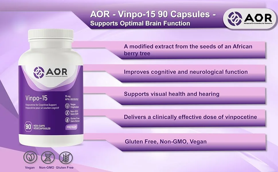 AOR Vinpo-15 15mg 90 Caps - Brain Function & Focus Support - Cognitive Health & Circulation Supplement - Boosts Mental Clarity Promotes Healthy Circulation Non-Ginkgo Formula for Mental Performance - B003FG6898