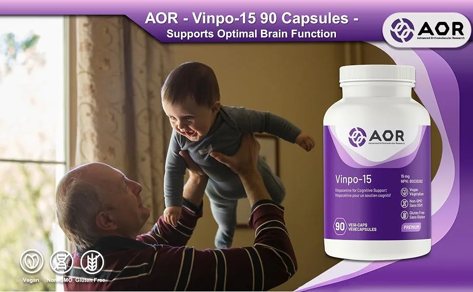 AOR Vinpo-15 15mg 90 Caps - Brain Function & Focus Support - Cognitive Health & Circulation Supplement - Boosts Mental Clarity Promotes Healthy Circulation Non-Ginkgo Formula for Mental Performance - B003FG6898
