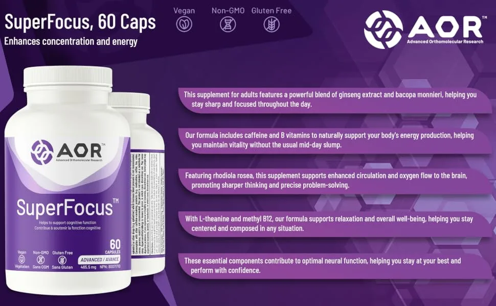 AOR SuperFocus Brain Support Supplement 60 Caps - Enhances Cognitive Performance & Memory Features Ginseng Rhodiola Rosea Bacopa Methyl B12  - B08229HHX7
