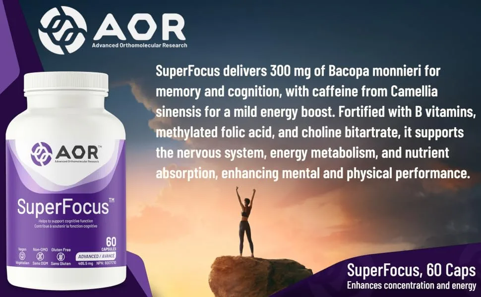 AOR SuperFocus Brain Support Supplement 60 Caps - Enhances Cognitive Performance & Memory Features Ginseng Rhodiola Rosea Bacopa Methyl B12  - B08229HHX7