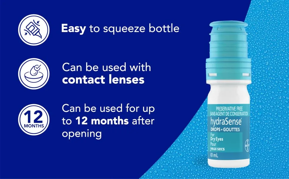 hydraSense Eye Drops For Dry Eyes Fast and Long-Lasting Relief Preservative Free Naturally Sourced Lubricant 10 mL - hydraSense eye drops, dry eye, easy to squeeze bottle, can be used with contact lenses, 12 months