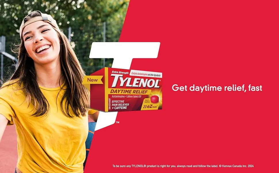 Extra Strength Tylenol Daytime Relief Tablets 500 mg Acetaminophen + 65 mg Caffeine Morning Headache & Pain Relief 80 Tablets - Tylenol Daytime Relief