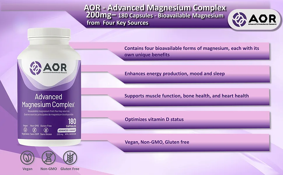 AOR - Advanced Magnesium Complex 200mg 180 Capsules - Vegan and Non GMO - Bioavailable Magnesium from Four Key Sources - With Magnesium Glycinate Magnesium Oxide and Pure Magnesium Supplement - B091KGD6GK