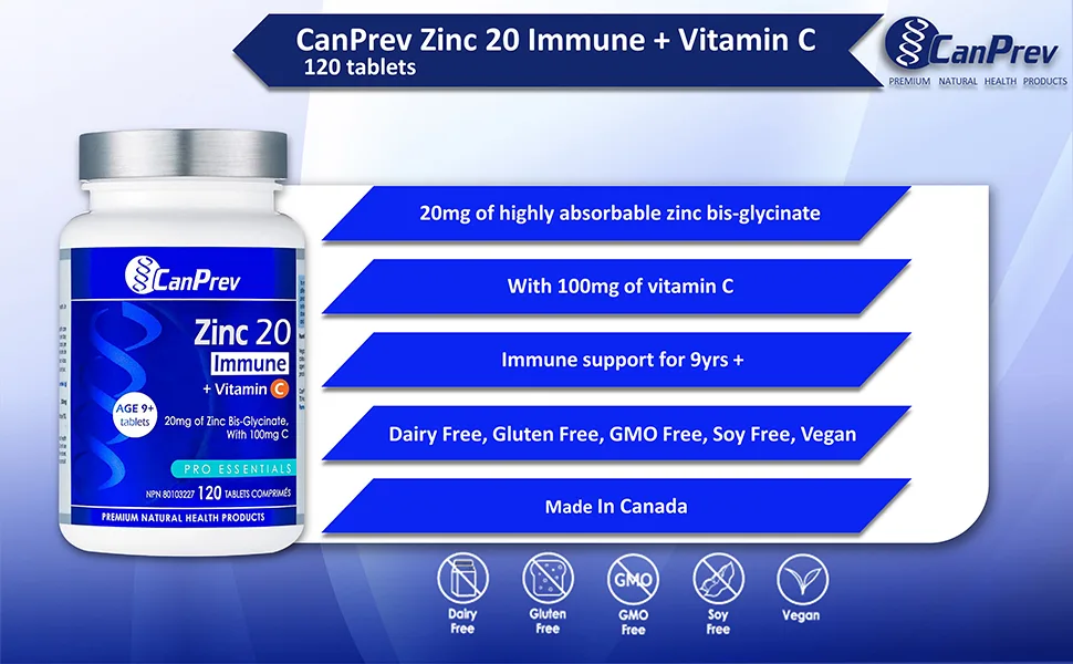CanPrev - Zinc 20 Immune + Vitamin C 120 Tablets - Helps to Maintain Immune Function and Protect Cells Against Oxidative Damage - B09FVS4RF9