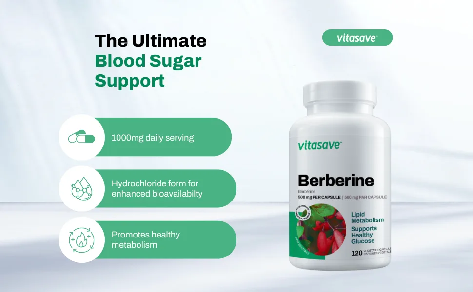 Vitasave Berberine - Ultra Potent 1000mg Daily Serving - Blood Sugar & Glucose Support - High Potency Formula with 120 Capsules - ultimate blood sugar support