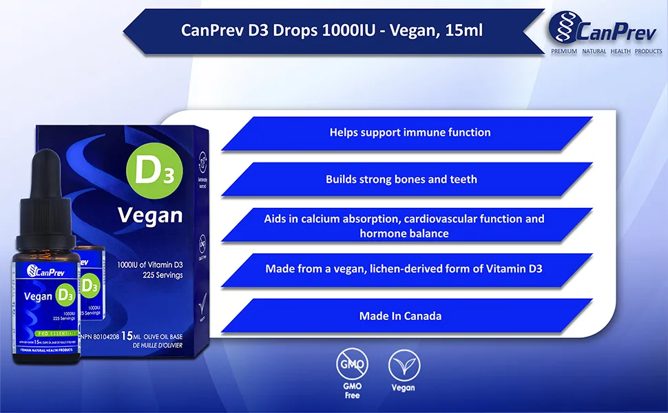 CanPrev - D3 Drops Vegan 1000IU 15ml Liquid - Help to Support Immune Function and to Build Strong Bones and Teeth - B09H13NNHG