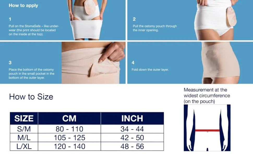 Corsinel StomaSafe Plus Ostomy/Hernia Support Garment Light 3216 by TYTEX (Beige, S/M) 33.5" - 44" Hip Circumference Beige Small/Medium (Pack of 1) - Application and size chart