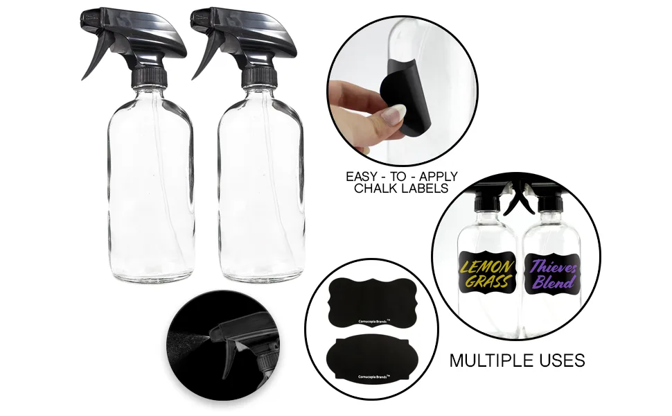 Cornucopia 16oz Clear Glass Spray Bottles w/Chalk Labels (2 Pack) Boston Round Bottles with 3-Setting Adjustable Heavy Duty Sprayers - cornucopia brands containers plastic glass jars bottles pumps sprayers lids caps chalk labels