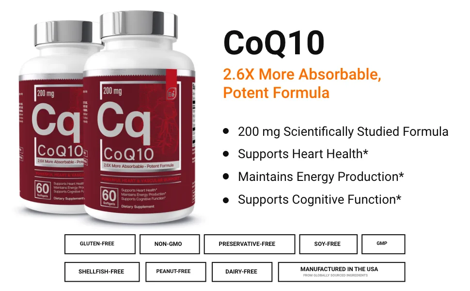 CoQ10 Heart, Brain, and Vascular Support | 200 mg Comprehensive, Patented Formula - Essential Elements | 2.6 Times Higher Absorption - 60 Softgels, 2 Month Supply 60 Count (Pack of 1) - coq10 200mg scientifically studied formula, supports heart health