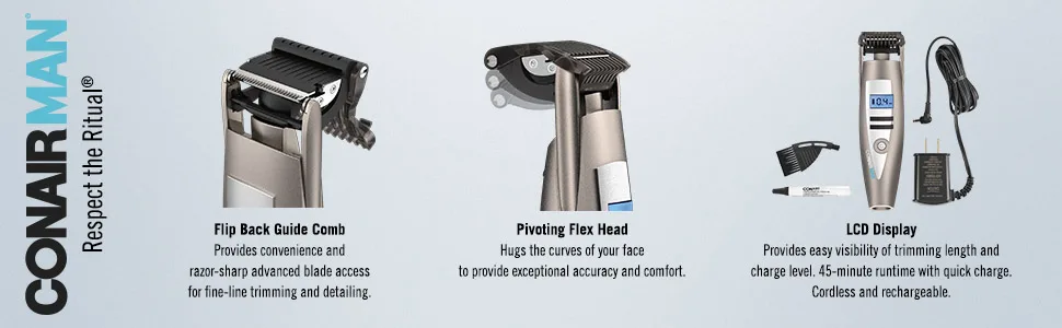 ConairMAN i-Stubble Cordless Ultimate Flexhead Beard Trimmer for Men i-Stubble, Cordless - ConairMAN i-Stubble, Flip Back Guide Comb. Pivoting Flex Head Trimmer, LCD Display, Men