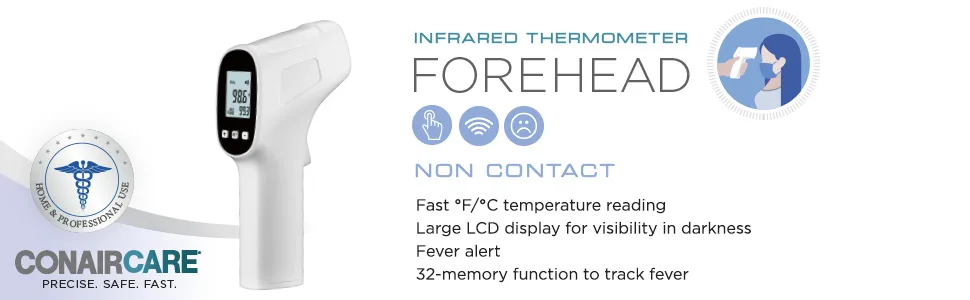 Conair Infrared Thermometer for Forehead - No Contact Thermometer with Fever Alert & 32-Memory Function to Track Fever - thermometer for adults forehead forehead thermometer infrared thermometer made in usa