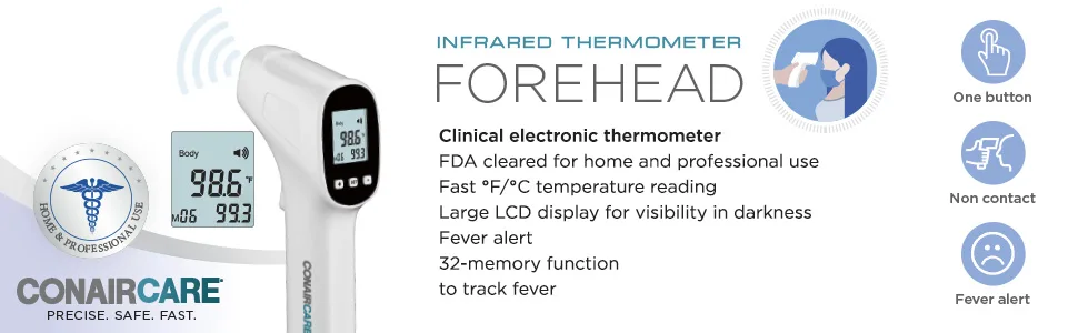 Conair Infrared Thermometer for Forehead - No Contact Thermometer with Fever Alert & 32-Memory Function to Track Fever - thermometer for adults forehead forehead thermometer infrared thermometer made in usa