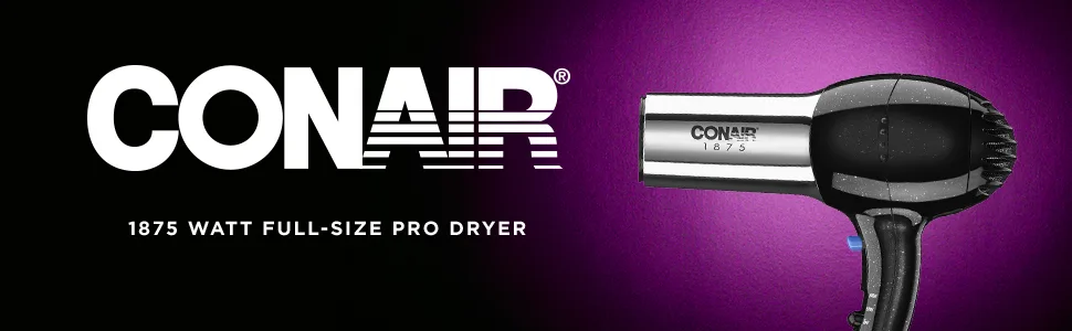 Conair 1875 Watt Full Size Pro Hair Dryer with Ionic Conditioning, Black/Chrome - Conair
