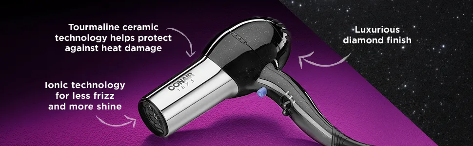 Conair 1875 Watt Full Size Pro Hair Dryer with Ionic Conditioning, Black/Chrome - Conair