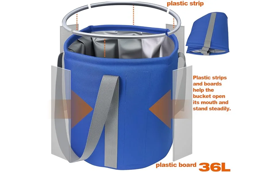 Foldable Bucket 36L Waterproof Oxford Cloth Collapsible Bucket with Plastic Supports on The Rim and Sides - Grey - Foldable Bucket