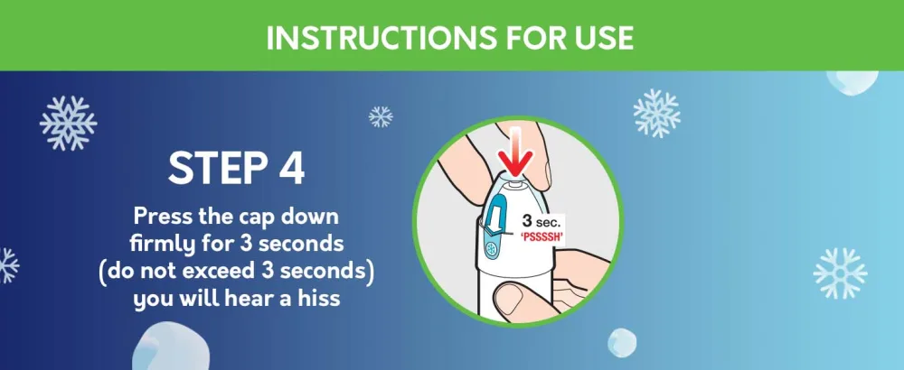 Compound W Freeze Off for Kids, Wart Removal Treatment, 15 Applications - Step 4 Press the cap down firmly for 3 seconds (Do not exceed 3 seconds) you will hear a hiss