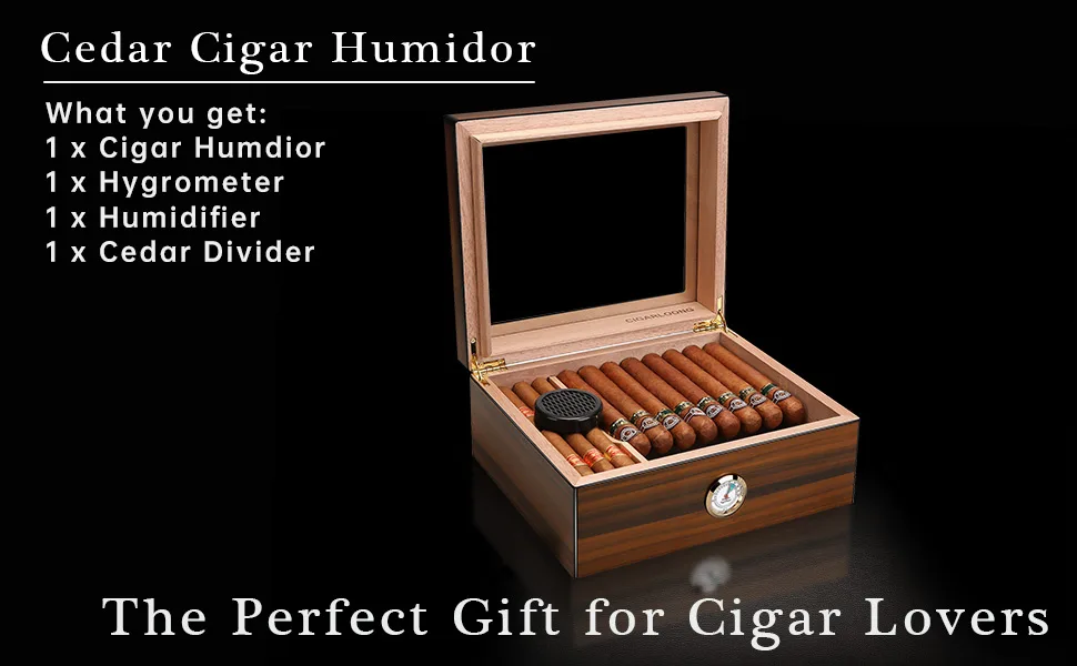 CIGARLOONG Cigar Humidor for 35-60 Cigars Large Capacity Brown Desktop Cedar Cigar Storage Box with Humidifier and Hygrometer (Large Size) - product information 6