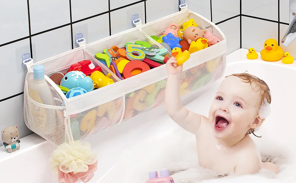 Bath Toy Storage Bag Bath Toy Hanging Organiser Bag Bath Toy Mesh Bag Storage and Sorting of Toys Ideal for Baths (White) - bath toy storage