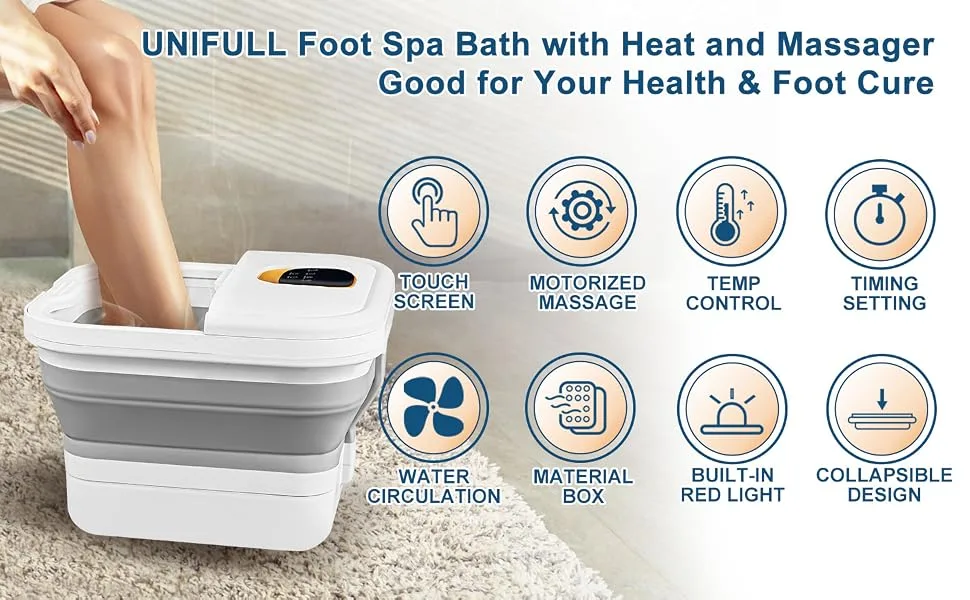UNIFULL Collapsible Foot Spa Bath with Heat Motorized Massager Touch Screen Foot Pedicure Kit Temperature Control Pedicure Foot Spa Foot Bath - unifull foot spa