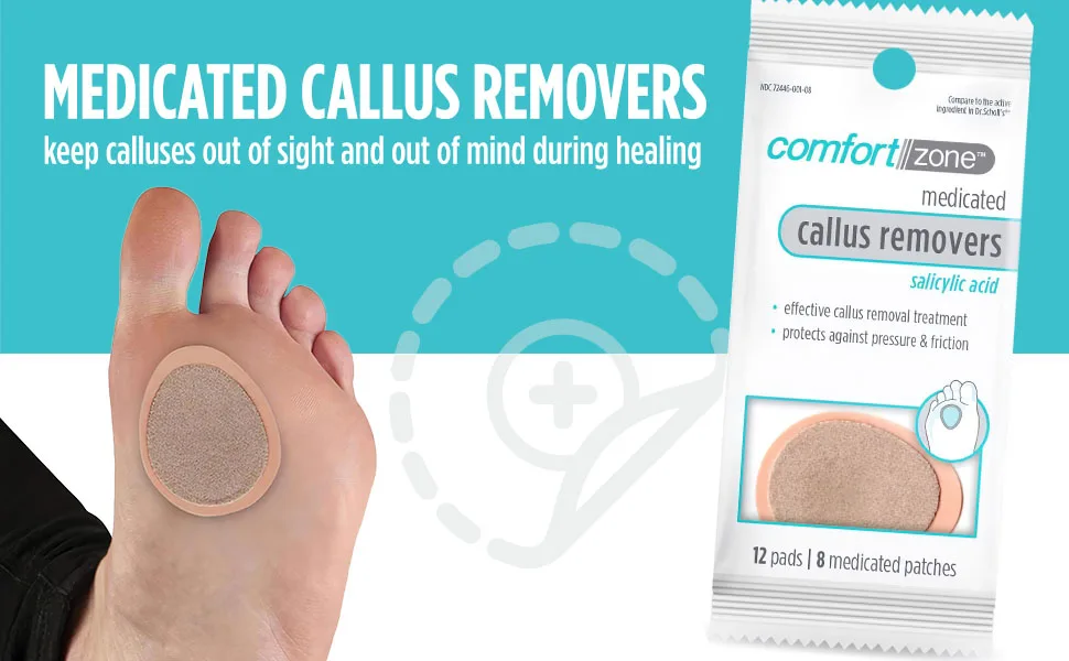Comfort Zone Medicated Callus Removers, Effective Callus Removal Treatment with Salicylic Acid, 8 Medicated Patches and 12 Protective Pads - Keep calluses out of sight and out of mind during healing