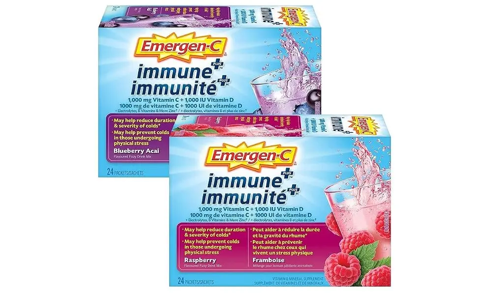 Emergen-C Immune+ 1000mg Vitamin C Powder Supplement Multi Pack Drink Mix Immune System Booster 24 Packets Rasberry & 24 Packets Blueberry Acai 48 Total Packets - product information 1
