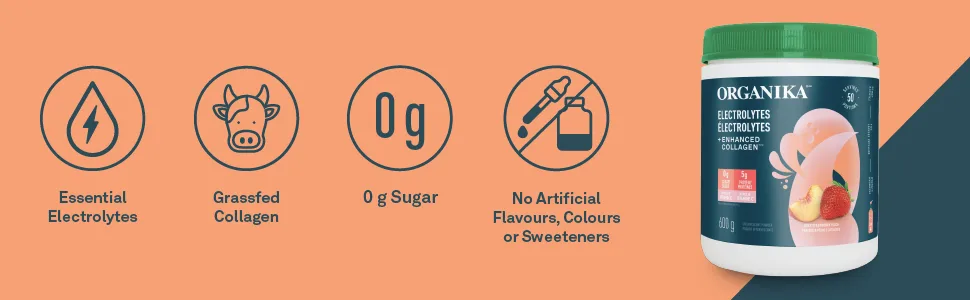 Organika Electrolytes + Enhanced Collagen - Strawberry Peach - Hydration + Protein 600 gram & Electrolyte Drink Mix - Raspberry flavour- Zero Sugar Hydration- 350 gram - 100 Servings - product information 5
