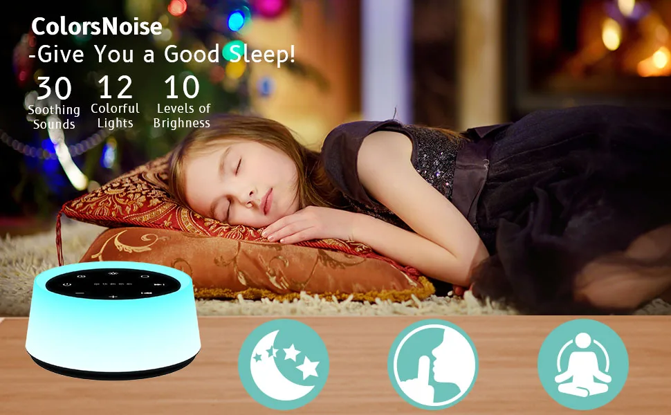 ColorsNoise Sound Machine and White Noise Machine with 30 Soothing Sounds with 12 Colors Baby Night Light with Memory Function (T-Black) - 3243