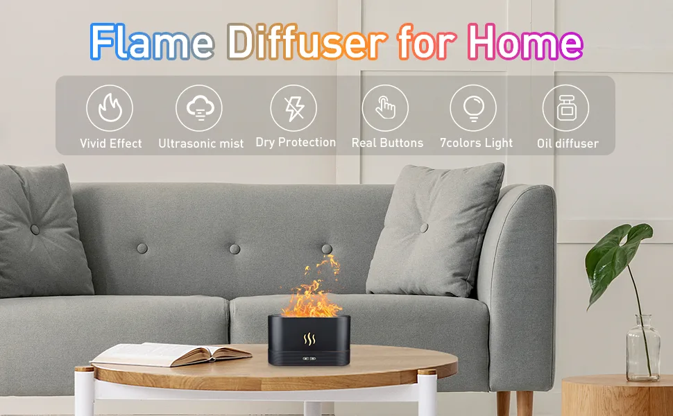 Colorful Flame Air Aroma Diffuser Humidifier, Upgraded 7 Flame Colors Noiseless Essential Oil Diffuser for Home,Office,Yoga with Auto-Off Protection 180ml (8Hours Black) - Flame Aroma Diffuser Humidifier