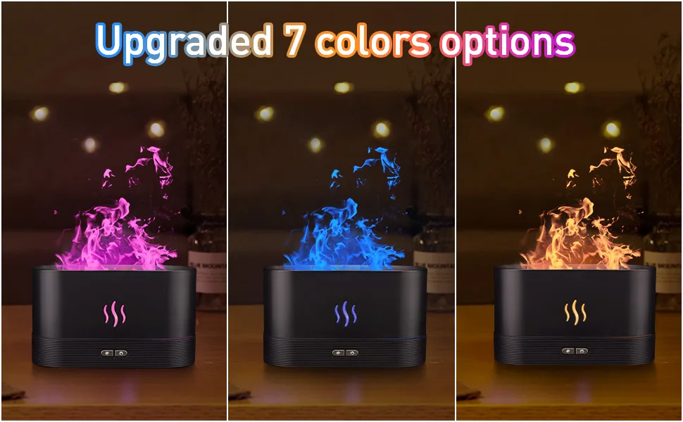 Colorful Flame Air Aroma Diffuser Humidifier, Upgraded 7 Flame Colors Noiseless Essential Oil Diffuser for Home,Office,Yoga with Auto-Off Protection 180ml (8Hours Black) - Flame Aroma Diffuser Humidifier