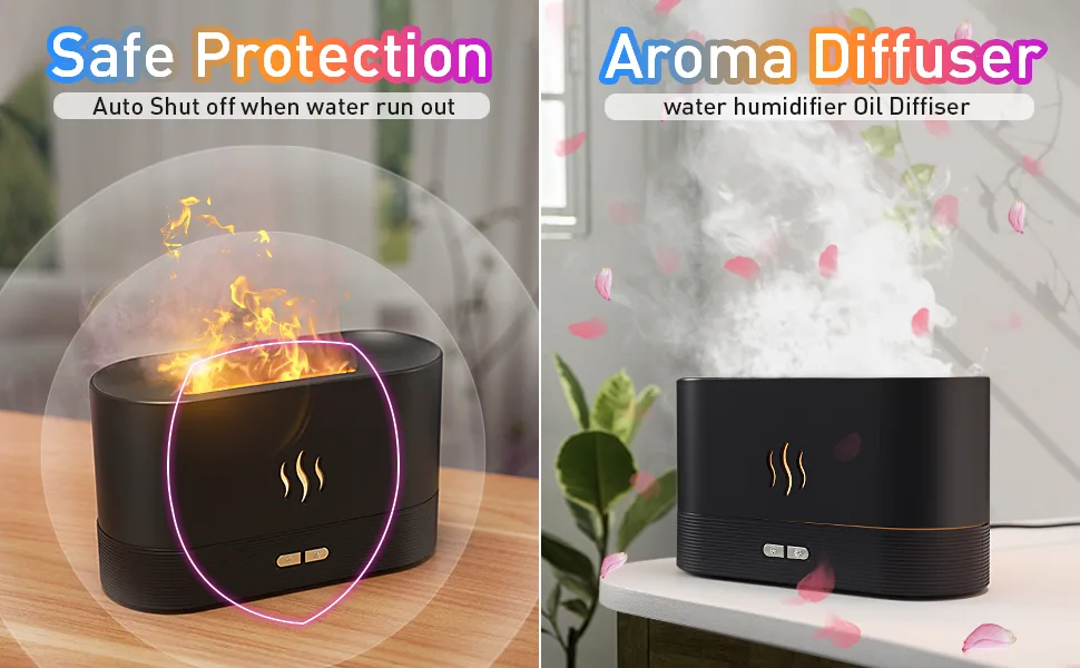 Colorful Flame Air Aroma Diffuser Humidifier, Upgraded 7 Flame Colors Noiseless Essential Oil Diffuser for Home,Office,Yoga with Auto-Off Protection 180ml (8Hours Black) - Flame Aroma Diffuser Humidifier