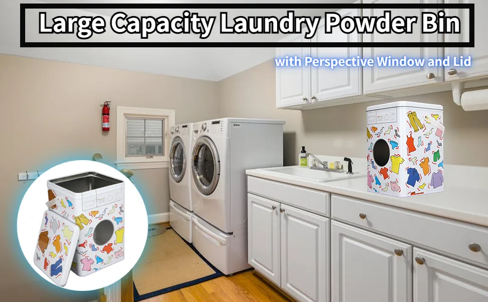 Laundry Detergent Container Large Capacity Laundry Powder Bin with Perspective Window and Lid Metal Laundry Detergent Powder Storage Box for Farmhouse Laundry Room Decor - product information 2