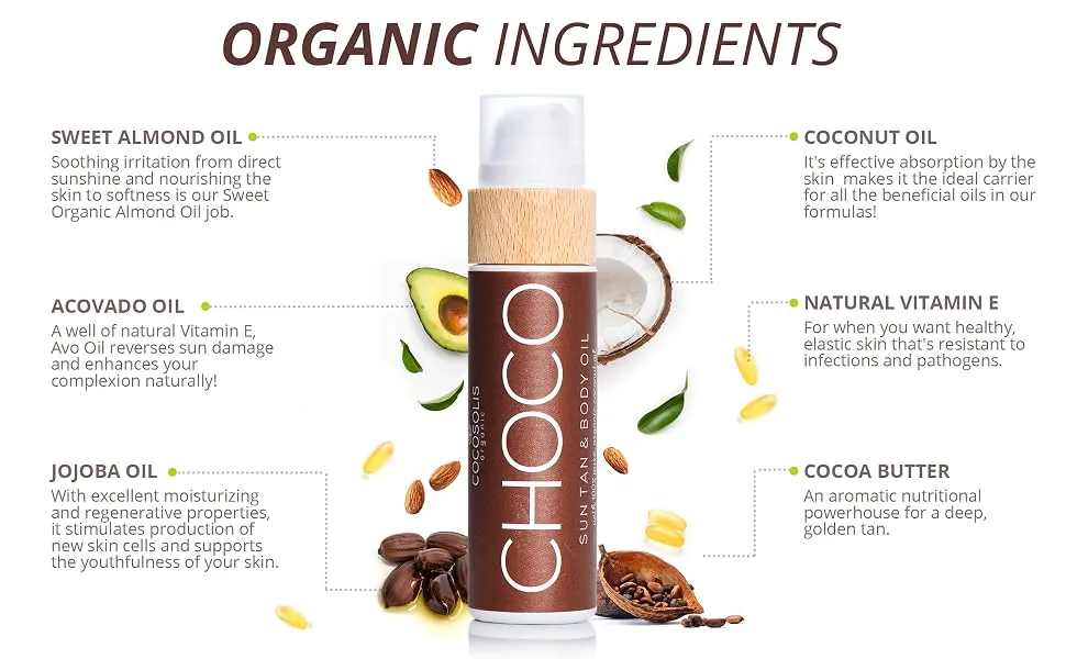 COCOSOLIS Choco Suntan & Body Oil - Organic Tanning Bed Lotion - Deep Chocolate Tan - Tanning Accelerator for Indoor Tanning Beds ( 3.7 Fl Oz) - COCOSOLIS